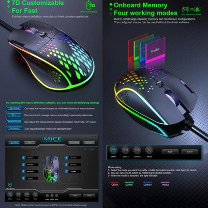 iMICE Ergonomic Wired Gaming Mouse with RGB Lighting showing ergonomic design, honeycomb shell and customizable RGB backlighting