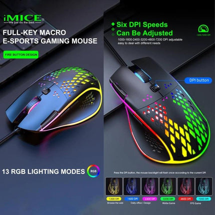 iMICE Ergonomic Wired Gaming Mouse with RGB Lighting shown with honeycomb shell, six adjustable DPI speeds and multicolor RGB backlighting