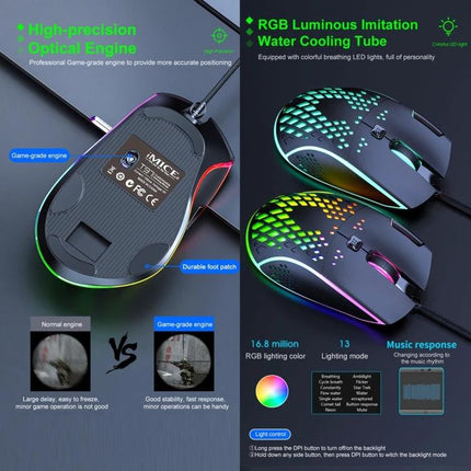iMICE Ergonomic Wired Gaming Mouse with RGB Lighting showing ergonomic shape, honeycomb vents and multi-color RGB lighting accents