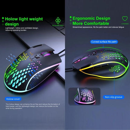 iMICE Ergonomic Wired Gaming Mouse with RGB Lighting showcasing hollow lightweight ergonomic design, RGB backlighting, curved palm rest
