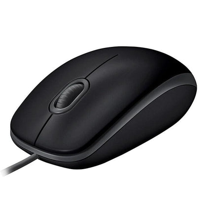 Logitech Quiet Wired USB Mouse for Everyday Office Tasks showing black wired mouse with quiet clicks and ergonomic shape