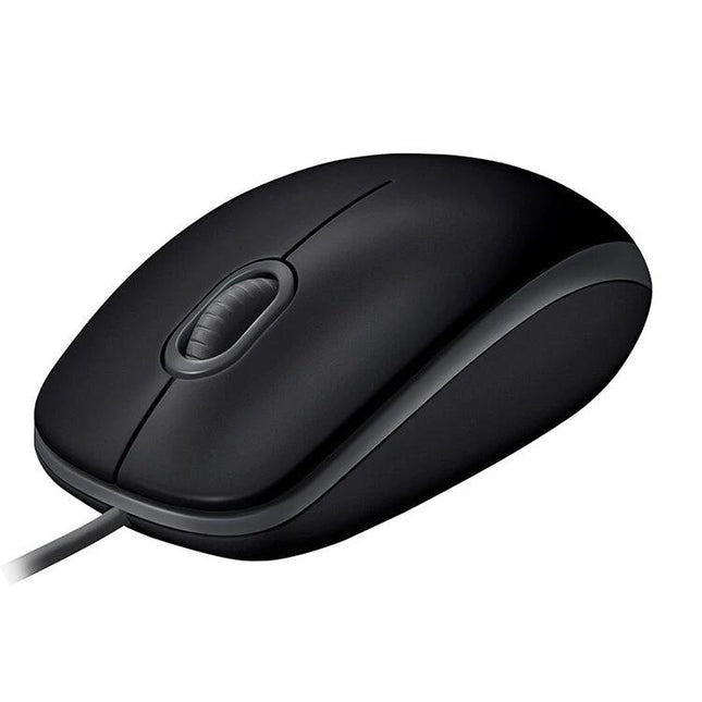 Logitech Quiet Wired USB Mouse for Everyday Office Tasks showing black wired mouse with quiet clicks and ergonomic shape