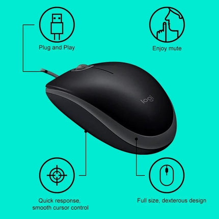 Logitech Quiet Wired USB Mouse for Everyday Office Tasks — black plug-and-play quiet wired mouse with smooth cursor control and full-size ergonomic design
