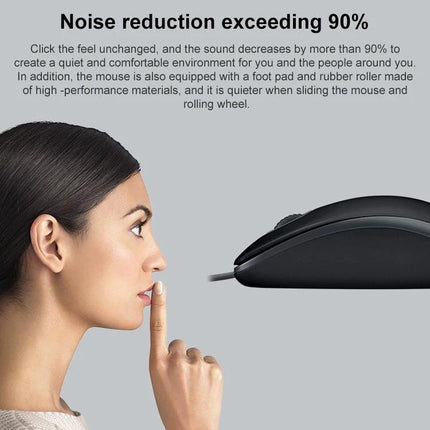 Logitech Quiet Wired USB Mouse for Everyday Office Tasks showing quiet design, woman gesturing silence beside low-noise wired USB mouse