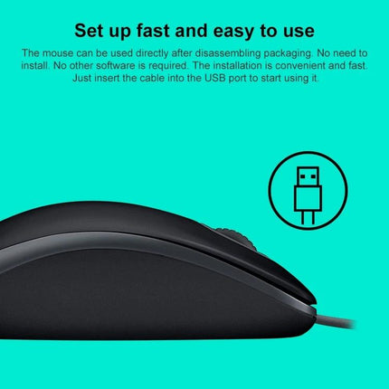 Logitech Quiet Wired USB Mouse for Everyday Office Tasks showing black wired mouse side profile with USB icon on teal background