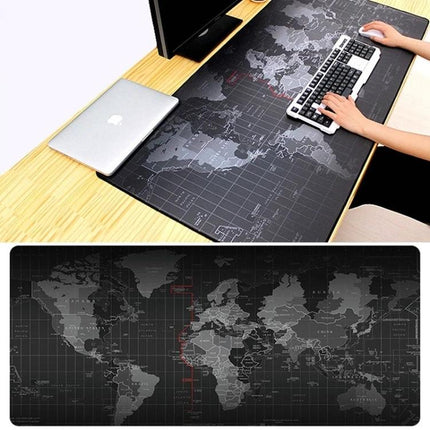 World Map Pattern Extended Mouse Pad for Gaming, 100 x 50cm on desk with keyboard and laptop, black cloth surface for smooth gliding