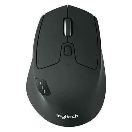Logitech M720 Wireless Mouse for Multi-Device Connectivity and Comfort - black ergonomic wireless mouse showing top view with device switch buttons and scroll wheel