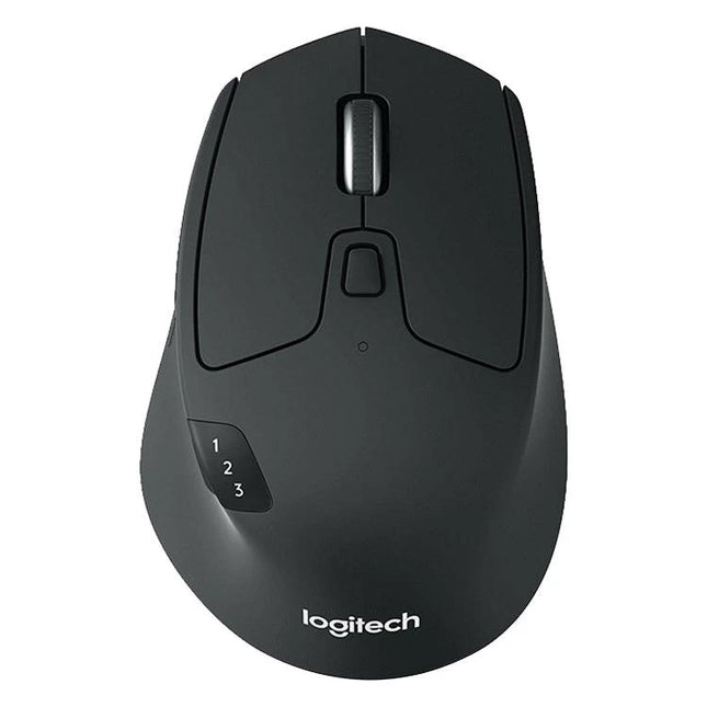 Logitech M720 Wireless Mouse for Multi-Device Connectivity and Comfort - black ergonomic wireless mouse showing top view with device switch buttons and scroll wheel