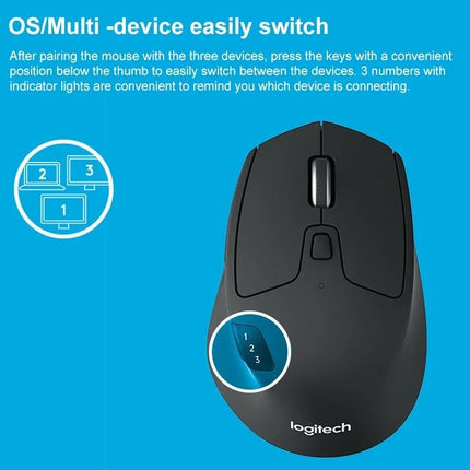 Logitech M720 Wireless Mouse for Multi-Device Connectivity and Comfort - black mouse showing 1-2-3 device switch buttons for Bluetooth and Unifying receiver