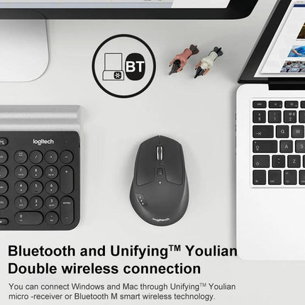 Logitech M720 Wireless Mouse for Multi-Device Connectivity and Comfort - grey mouse between laptop and keyboard showing Bluetooth and Unifying connectivity