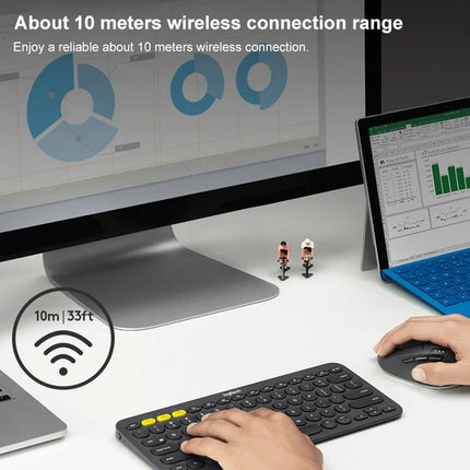 Logitech M720 Wireless Mouse for Multi-Device Connectivity and Comfort showing hands using mouse near monitor and keyboard, 10m wireless range