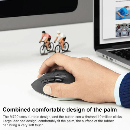 Logitech M720 Wireless Mouse for Multi-Device Connectivity and Comfort - ergonomic hand using mouse near laptop, Bluetooth and Unifying receiver support