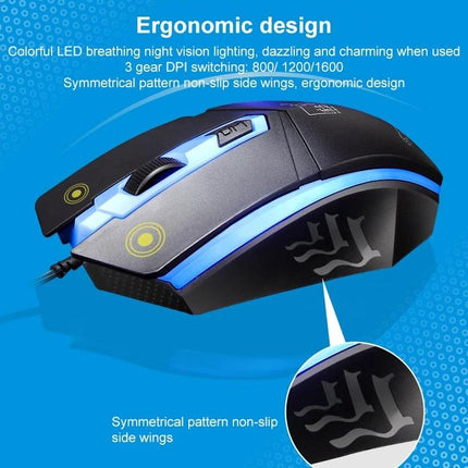 ZGB G21 Luminous Wired Keyboard and Mouse Set for Daily Use - black wired gaming mouse with blue LED lighting and ergonomic non-slip side pattern