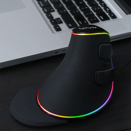 DELUX Ergonomic Vertical Mouse for Comfortable Computing - black vertical ergonomic mouse with RGB lighting beside laptop