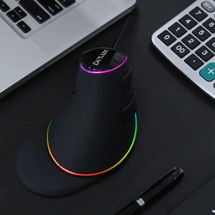 DELUX Ergonomic Vertical Mouse for Comfortable Computing shown on desk with RGB lighting beside laptop and calculator