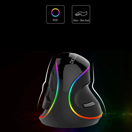 DELUX Ergonomic Vertical Mouse for Comfortable Computing - black vertical mouse with RGB lighting and skin-like feel, ergonomic handshake design