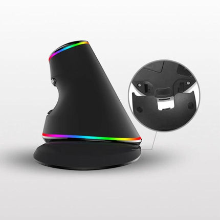 DELUX Ergonomic Vertical Mouse for Comfortable Computing - black vertical mouse with RGB light strip and removable base shown