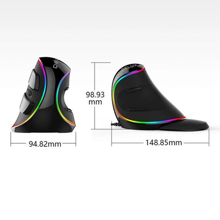 DELUX Ergonomic Vertical Mouse for Comfortable Computing - black vertical ergonomic mouse with RGB accents and dimensions 94.82x98.93x148.85mm