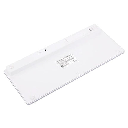 Wireless Bluetooth Keyboard for Computers and Tablets slim white back view showing power switch and rubber feet, compact 78-key layout for tablets and laptops