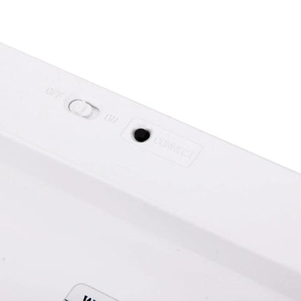 Wireless Bluetooth Keyboard for Computers and Tablets showing power switch and connect button on white compact 78-key keyboard underside