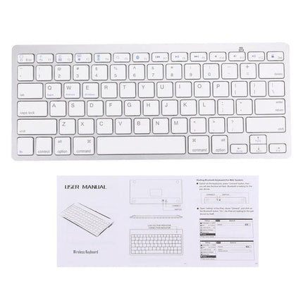 Wireless Bluetooth Keyboard for Computers and Tablets in slim 78-key layout with user manual, white compact design for tablets and laptops