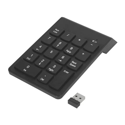 MC Saite Compact Wireless Numeric Keyboard with 18 Keys — compact black wireless 18-key keypad with USB receiver for spreadsheets and accounting
