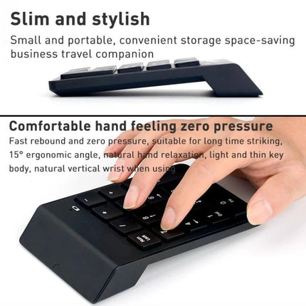 MC Saite Compact Wireless Numeric Keyboard with 18 Keys slim portable ergonomic 18-key numeric keypad shown side and top view