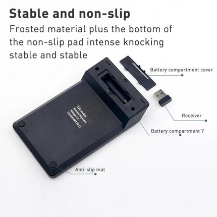 MC Saite Compact Wireless Numeric Keyboard with 18 Keys showing underside, battery compartment, USB receiver, and anti-slip mat
