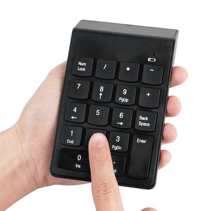 MC Saite Compact Wireless Numeric Keyboard with 18 Keys held in hand showing numbered keypad for quick data entry