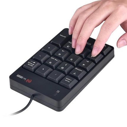 MC Saite 19-Key Wired Numeric Keyboard for Everyday Computing — compact wired numeric keypad with hand typing for spreadsheet and accounting tasks