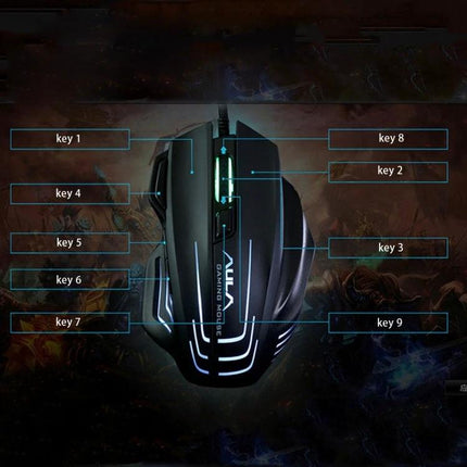 Aula Ghost Shark II Wired Gaming Mouse with Colorful Lights showing labeled programmable keys, ergonomic design and RGB lighting