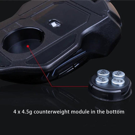 Aula Ghost Shark II Wired Gaming Mouse with Colorful Lights showing 4 x 4.5g removable counterweight module and ergonomic wired design