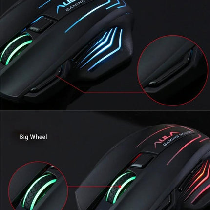 Aula Ghost Shark II Wired Gaming Mouse with Colorful Lights showing ergonomic wired design, RGB lighting, big wheel and side fire button