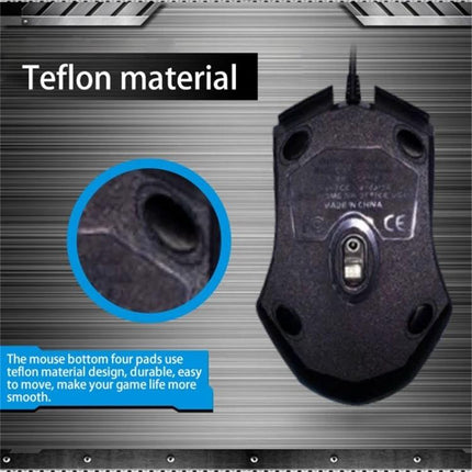 Chasing Leopard Wired Gaming Mouse with Counter Weight underside showing Teflon pads for smooth glide and precise tracking