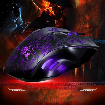 ZGB 169 Wired Optical Gaming Mouse for Precise E-Sports Control — black gaming mouse with purple LED floral pattern and braided cable