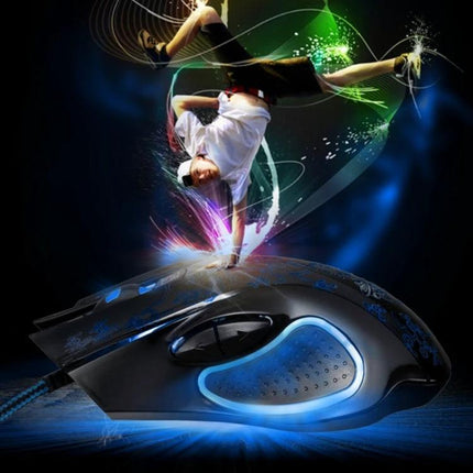 ZGB 169 Wired Optical Gaming Mouse for Precise E-Sports Control - sleek black wired mouse with blue LED lighting and dynamic gamer action background