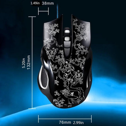 ZGB 169 Wired Optical Gaming Mouse for Precise E-Sports Control black wired gaming mouse with floral white pattern and dimensions