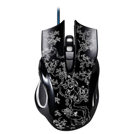 ZGB 169 Wired Optical Gaming Mouse for Precise E-Sports Control - black wired mouse with white floral design, ergonomic buttons and braided cable