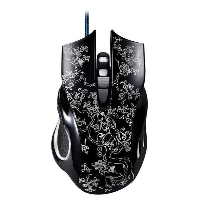 ZGB 169 Wired Optical Gaming Mouse for Precise E-Sports Control - black wired mouse with white floral design, ergonomic buttons and braided cable