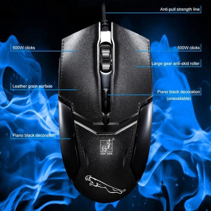 Chasing Leopard Wired Adjustable Gaming Mouse for Daily Use - symmetrical wired gaming mouse with leather-grain surface, anti-slip wings and large gear roller