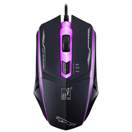 Chasing Leopard Wired Optical Gaming Mouse in Black – black wired gaming mouse with purple LED, ergonomic optical sensor and DPI switch