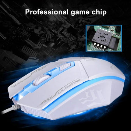 Chasing Leopard Wired Optical Gaming Mouse in Black showing white gaming mouse with blue LED and wired USB connection
