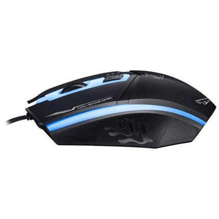 Chasing Leopard Wired Optical Gaming Mouse in Black showing black wired ergonomic design with blue LED accents for precise gaming control