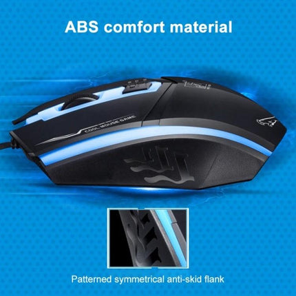 Chasing Leopard Wired Optical Gaming Mouse in Black wired gaming mouse with blue LED accents and patterned anti-skid flank