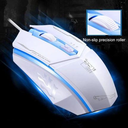 Chasing Leopard Wired Optical Gaming Mouse in Black white wired gaming mouse with blue accents, non-slip precision roller, ergonomic design