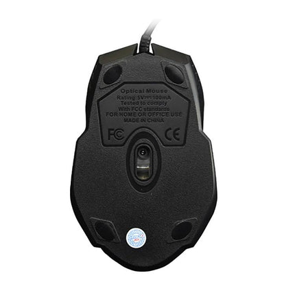 Chasing Leopard Wired Optical Gaming Mouse with 512GB Storage showing underside sensor, cable and certification labels