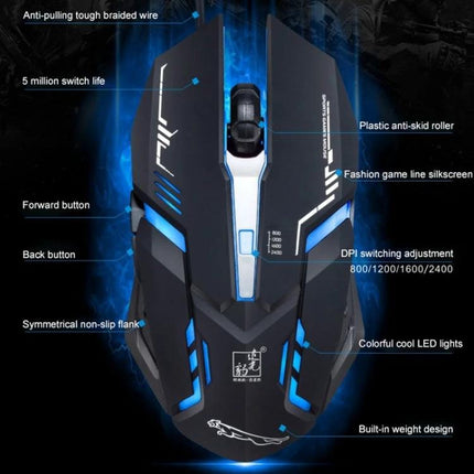 Chasing Leopard V17 Wired Gaming Mouse for Everyday Precision - black ergonomic wired gaming mouse with blue LED, DPI switch and braided cable