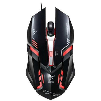 Chasing Leopard V17 Wired Gaming Mouse for Everyday Precision – black wired gaming mouse with red accents, ergonomic design and adjustable DPI