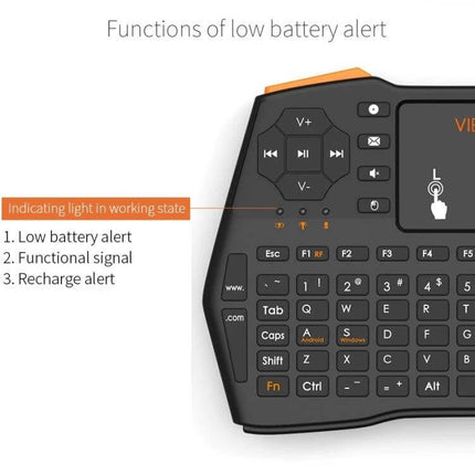 VIBOTON Mini Wireless Keyboard with Touchpad for TV and Computers showing compact black wireless keyboard with touchpad and low battery alert indicators