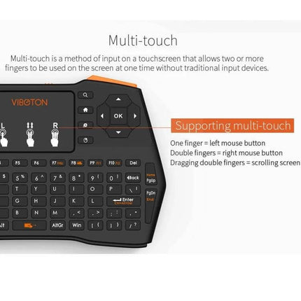 VIBOTON Mini Wireless Keyboard with Touchpad for TV and Computers showing compact multi-touch layout and directional keys